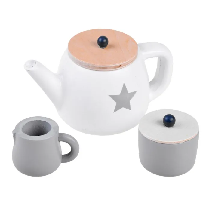 szara cukierniczka i dzbanuszek w drewnianym zestawie herbacianym