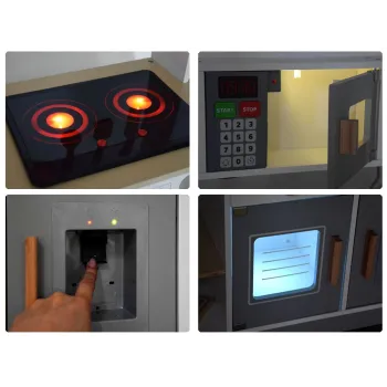 otwarty piekarnik i podświetlana mikrofalówka w kuchni drewnianej