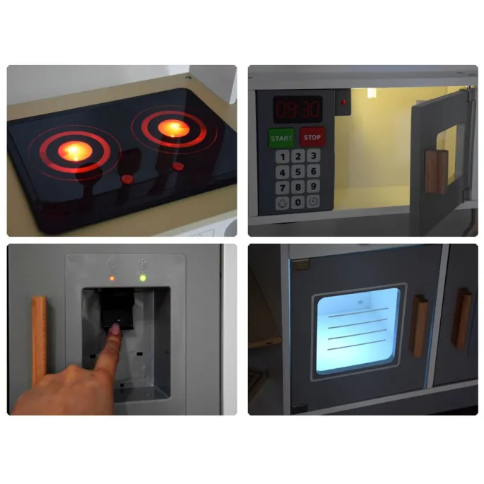 otwarty piekarnik i podświetlana mikrofalówka w kuchni drewnianej