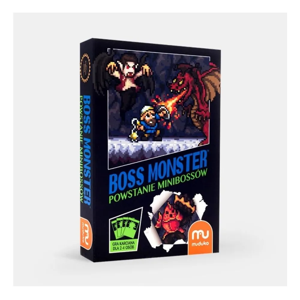 Okładka gry Boss Monster: Powstanie Minibossów MUDUKO z widocznymi bohaterami i bossami
