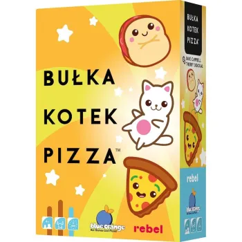 Pudełko gry Bułka, Kotek, Pizza REBEL z kolorowymi kartami na pierwszym planie