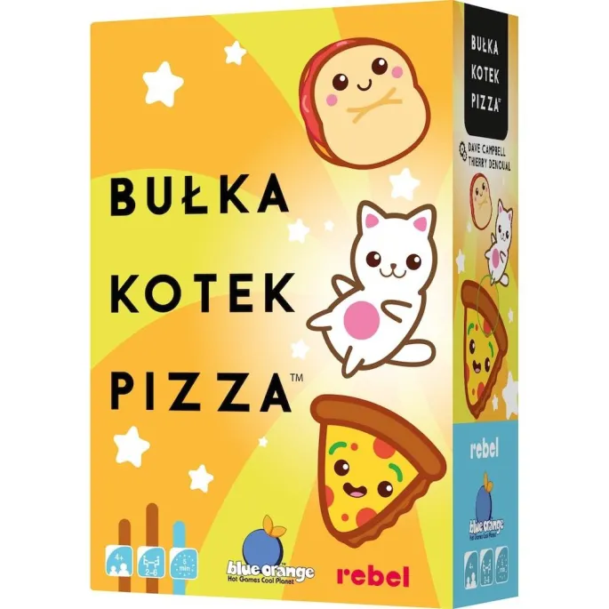Pudełko gry Bułka, Kotek, Pizza REBEL z kolorowymi kartami na pierwszym planie