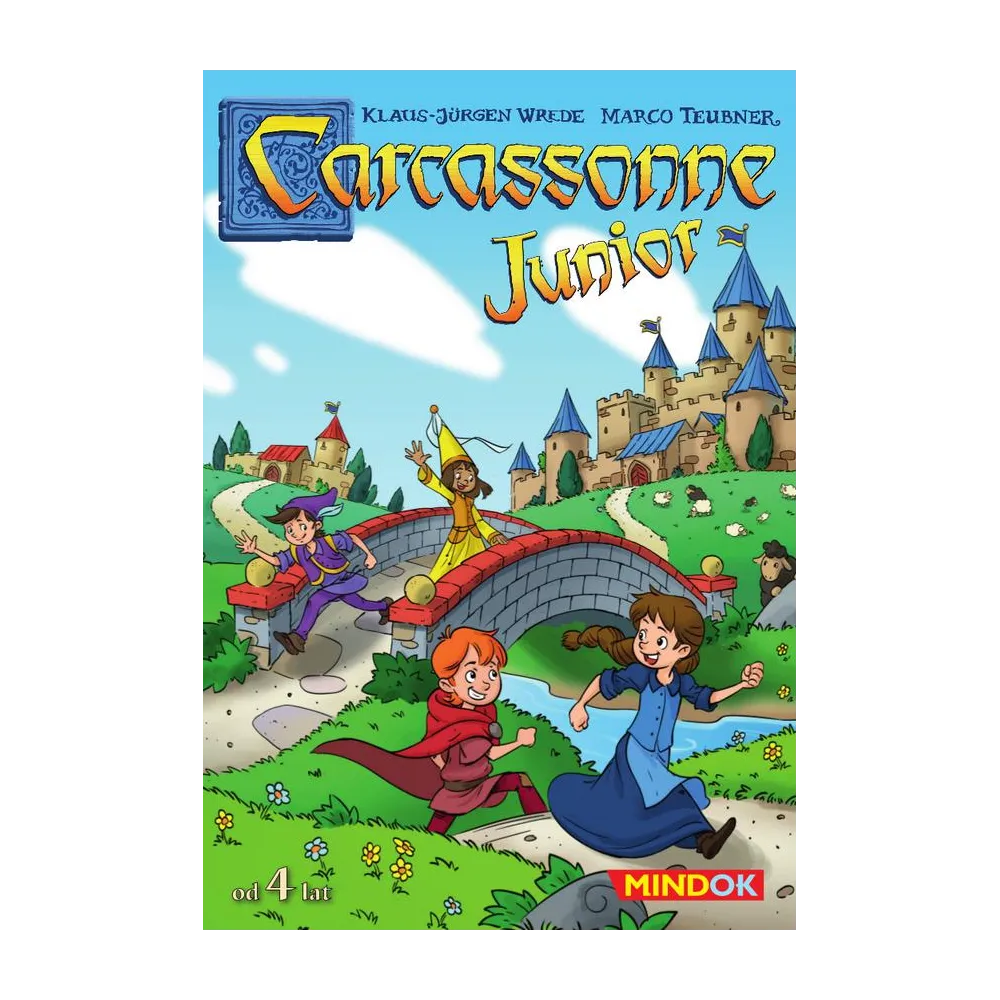 Carcassonne - Junior prezentująca kolorowe elementy i planszę do gry