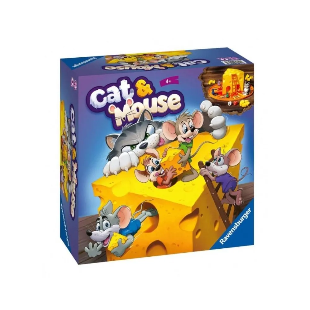 Gra planszowa Cat & Mouse z kolorową planszą i pionkami myszek na tle sera
