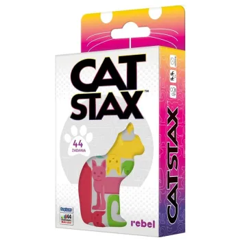 Elementy gry Cat Stax – zestaw figurek kotów w różnych kształtach na planszy