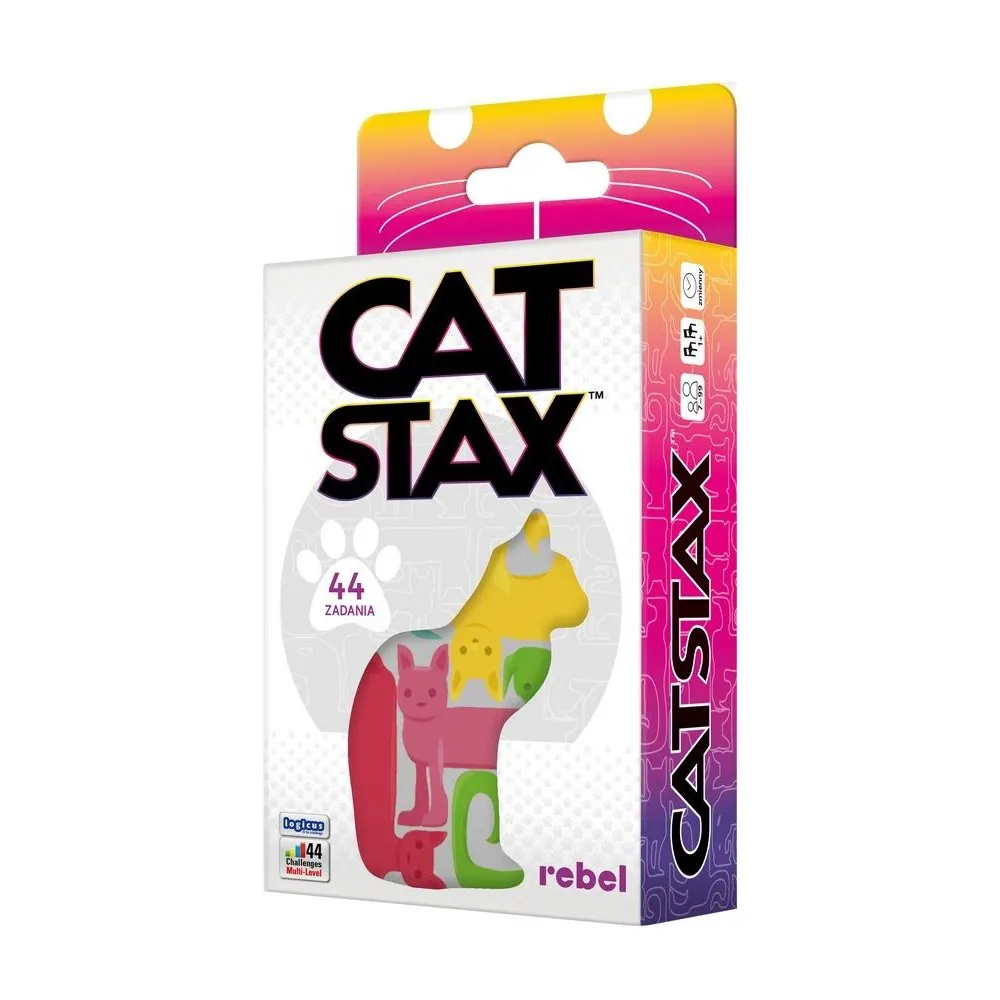 Elementy gry Cat Stax – zestaw figurek kotów w różnych kształtach na planszy