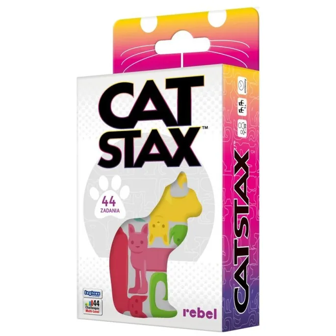 Elementy gry Cat Stax – zestaw figurek kotów w różnych kształtach na planszy