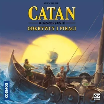 Pudełko gry Catan: Odkrywcy i Piraci oraz elementy zestawu na białym tle