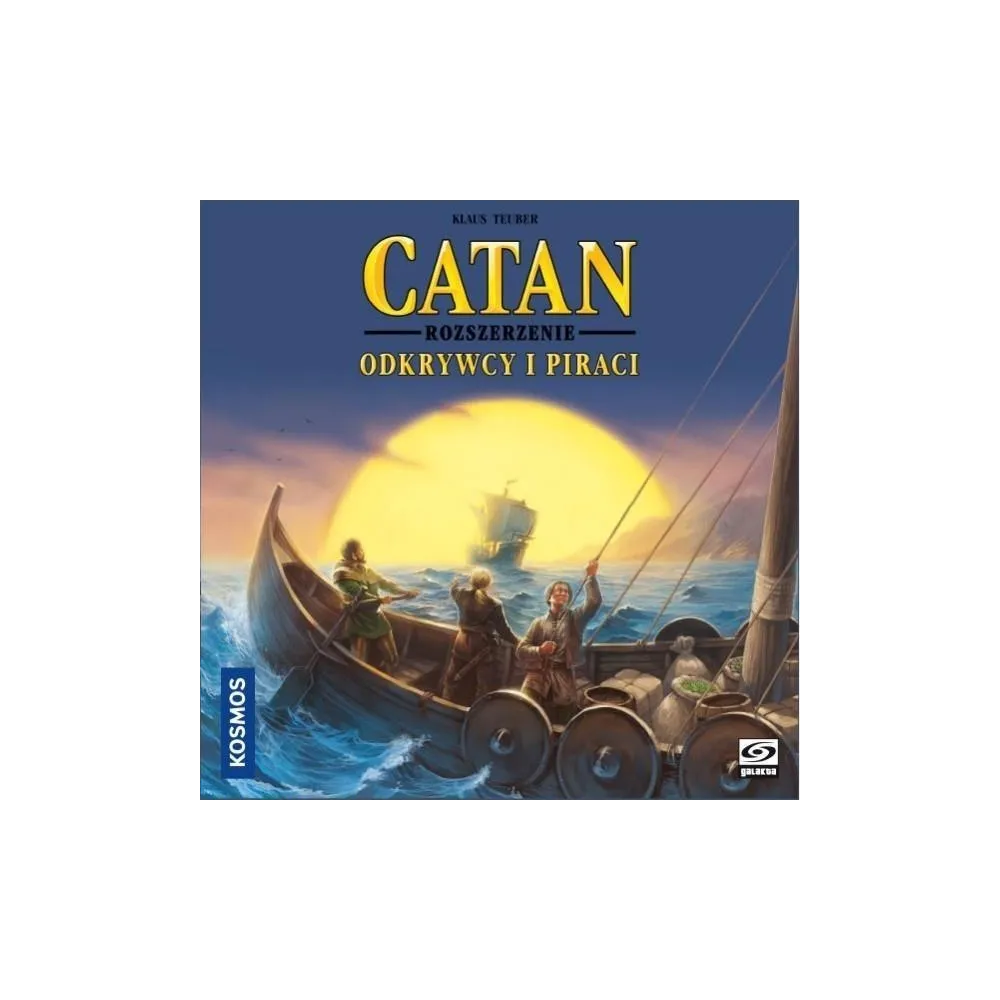 Pudełko gry Catan: Odkrywcy i Piraci oraz elementy zestawu na białym tle