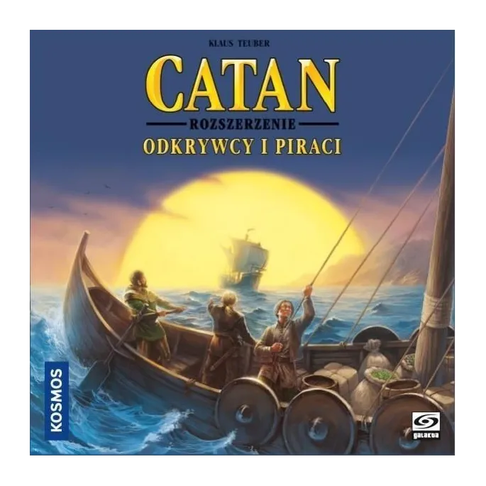 Pudełko gry Catan: Odkrywcy i Piraci oraz elementy zestawu na białym tle