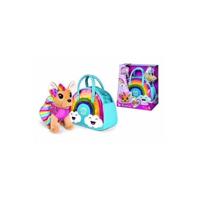 pluszowy piesek chihuahua w kolorowej sukience i torebce na tle białym