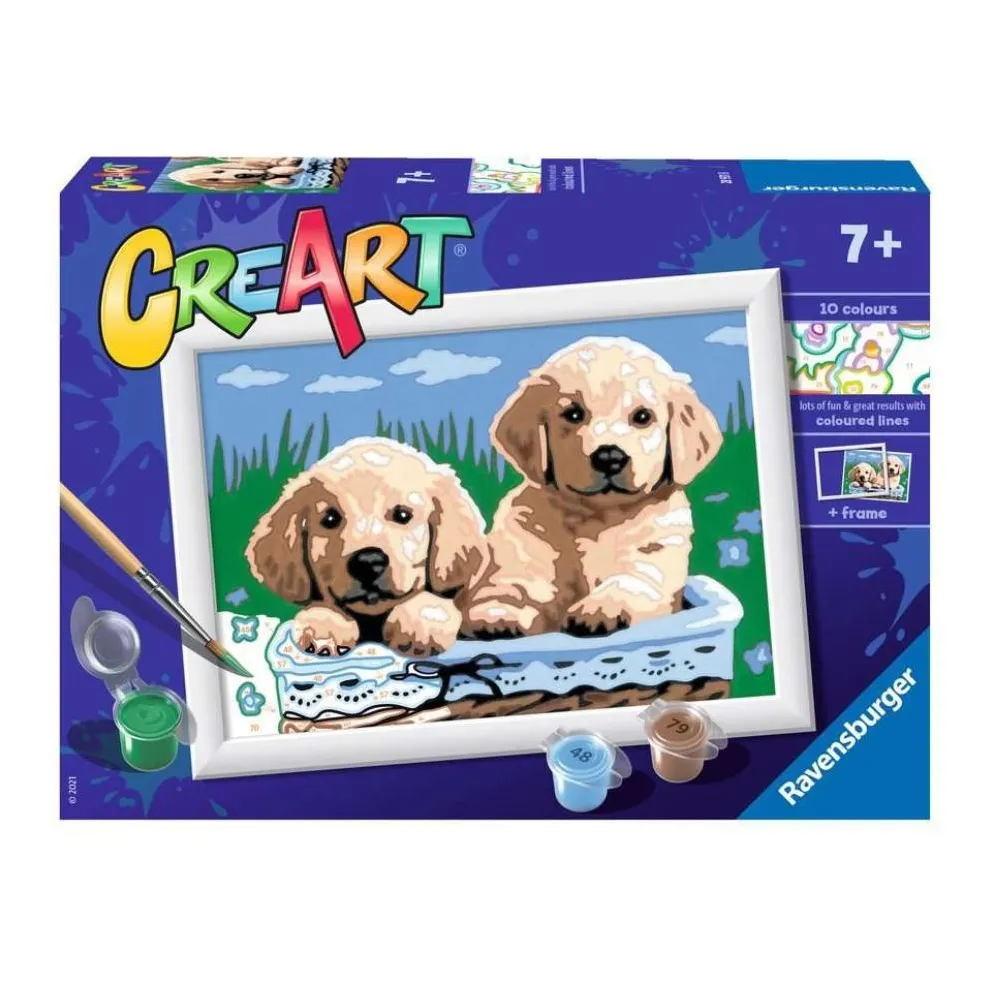 Zbliżenie na zestaw CreArt dla dzieci: Szczeniaczki z planszą do malowania