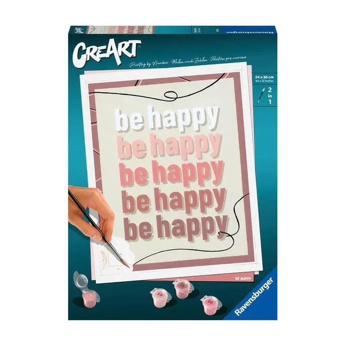 Zestaw CreArt: Be happy z kartonikiem, farbami i pędzlem do malowania po numerach