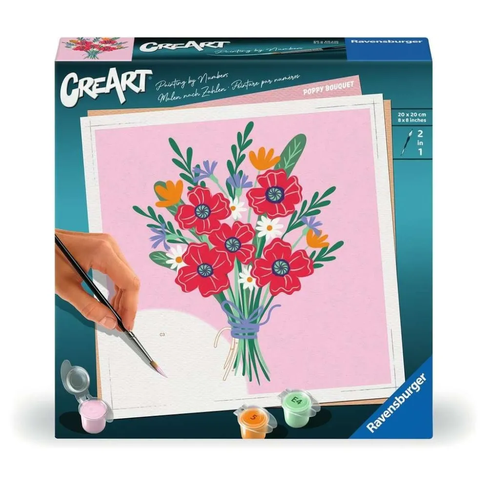 Zestaw CreArt Bukiet Maków z widocznymi farbami akrylowymi i pędzlem