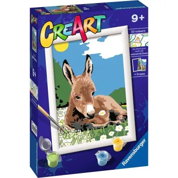 Zestaw CreArt: Mały osiołek z kartonikiem i farbami do malowania po numerach