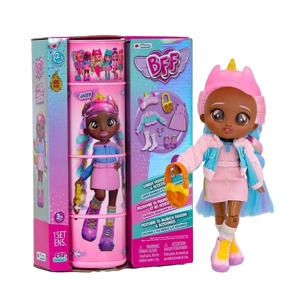 Lalka Cry Babies BFF Jassy z długimi włosami w modnym stroju na białym tle