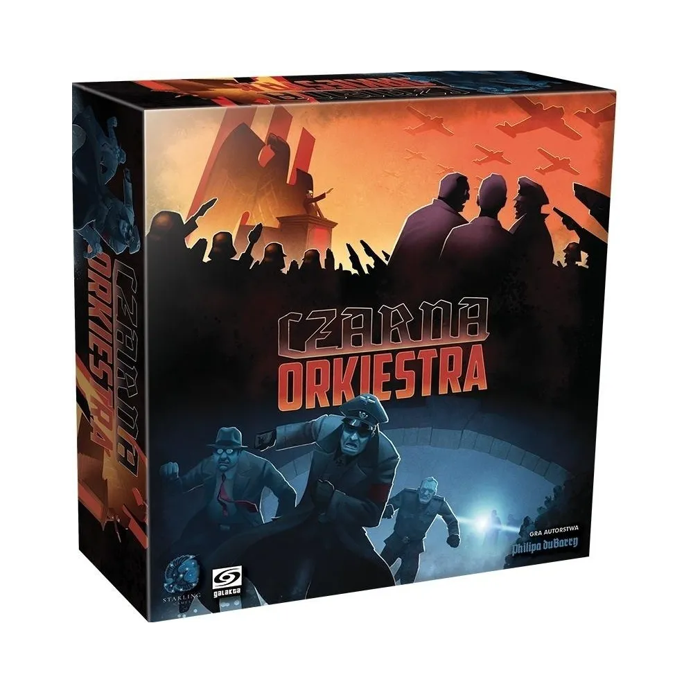 pudełko gry planszowej Czarna Orkiestra GALAKTA z widocznymi elementami