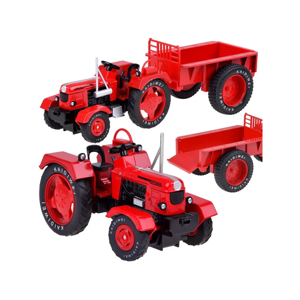 metalowy traktor z przyczepką w kolorze czerwonym na jasnym tle