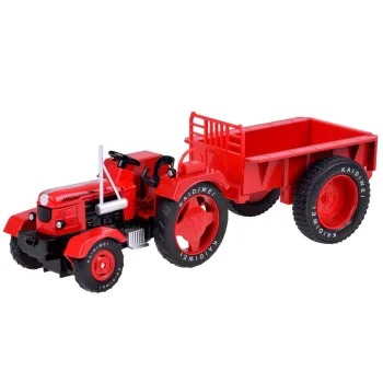 Czerwony Metalowy Traktor z przyczepką Skrętne Gumowe koła 1:18 ZA5202