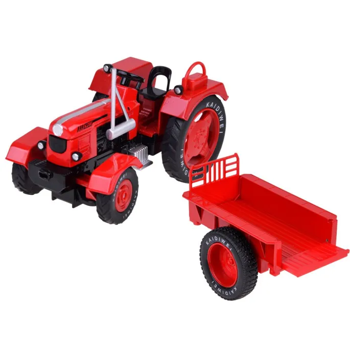 traktor z doczepioną przyczepką widoczny z boku