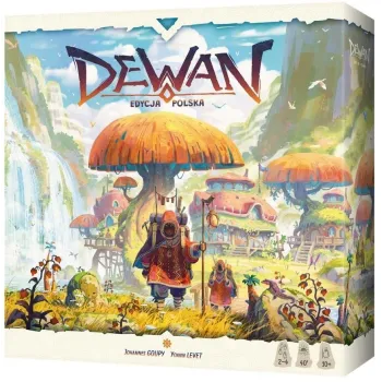 Pudełko i elementy gry Dewan, w tym plansza, karty i kolorowe obozy
