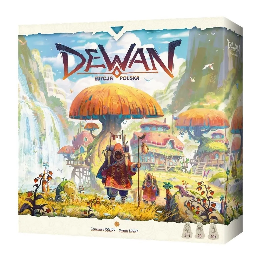 Pudełko i elementy gry Dewan, w tym plansza, karty i kolorowe obozy