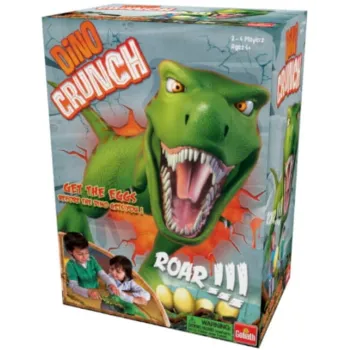 Gra Dino Crunch z kolorowymi jajeczkami i figurką dinozaura na stole