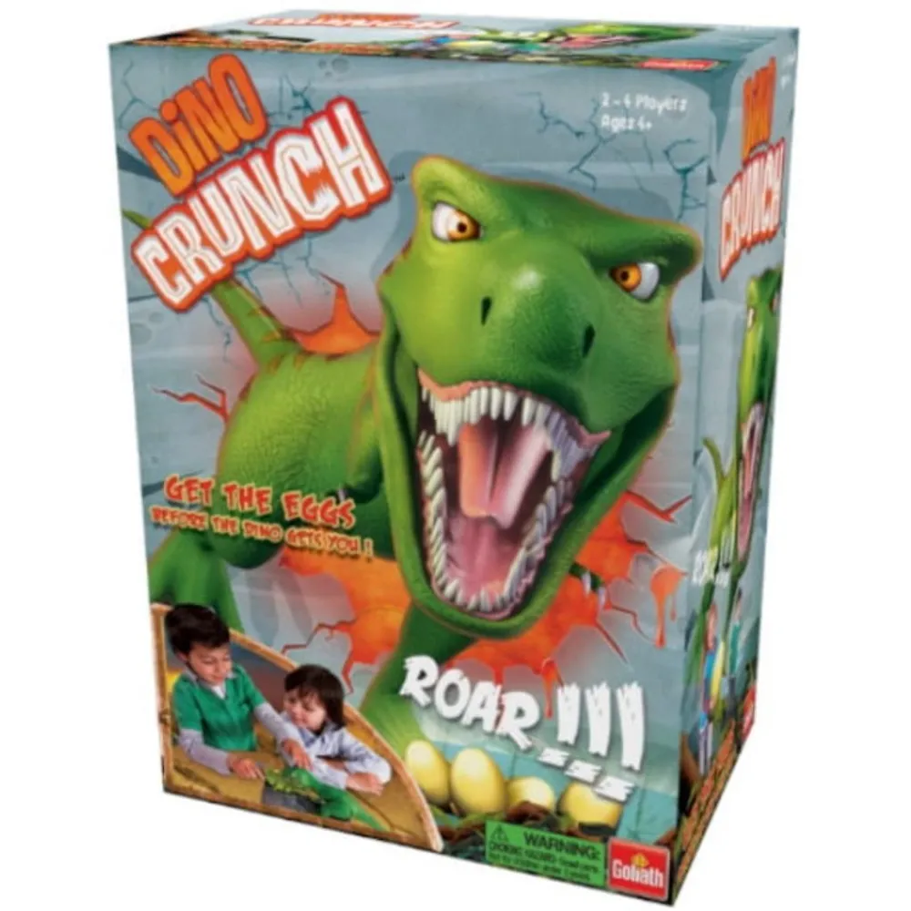 Gra Dino Crunch z kolorowymi jajeczkami i figurką dinozaura na stole