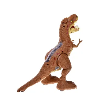 zestaw z dinozaurem t-rex, pilotami i akcesoriami na tle opakowania