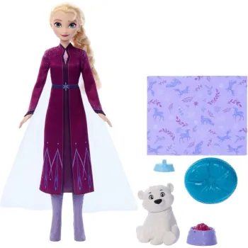 Lalka Elsa z bajki Frozen w niebieskim stroju oraz pluszowy niedźwiadek obok