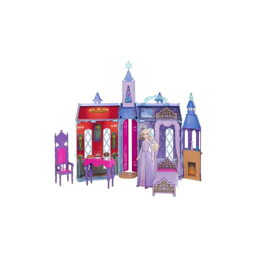 zestaw Disney Kraina Lodu z zamkiem Arendelle i lalką Elsą na tle akcesoriów