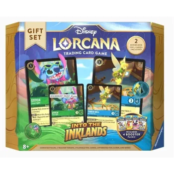 Disney Lorcana Set03 gift set z kartami i akcesoriami na tle graficznym.