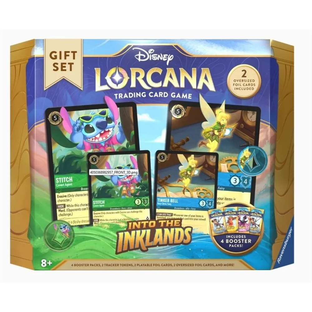 Disney Lorcana Set03 gift set z kartami i akcesoriami na tle graficznym.