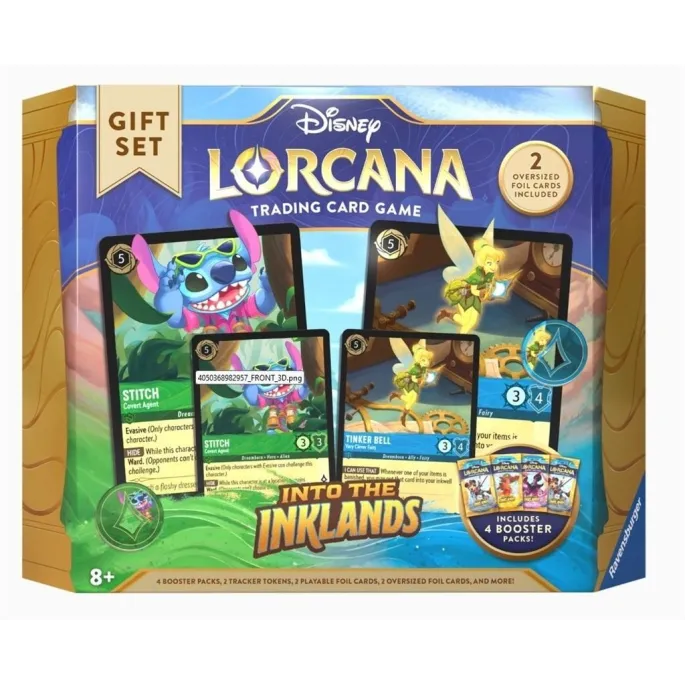 Disney Lorcana Set03 gift set z kartami i akcesoriami na tle graficznym.