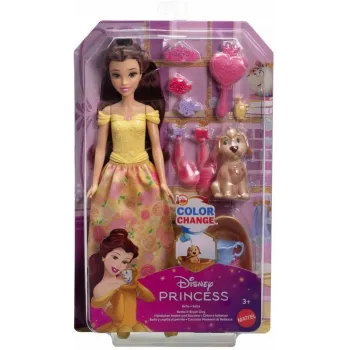 Disney Princess Bella z pieskiem i akcesoriami do kąpieli na jasnym tle