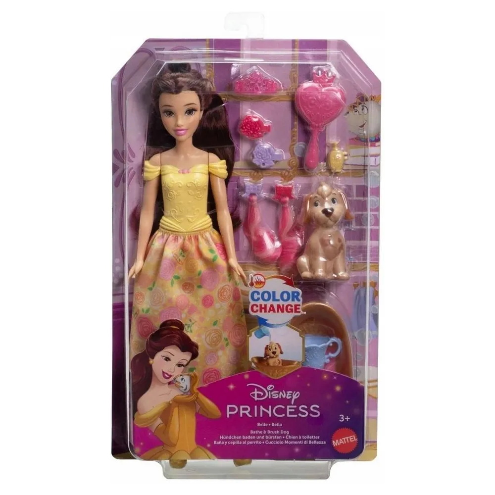 Disney Princess Bella z pieskiem i akcesoriami do kąpieli na jasnym tle