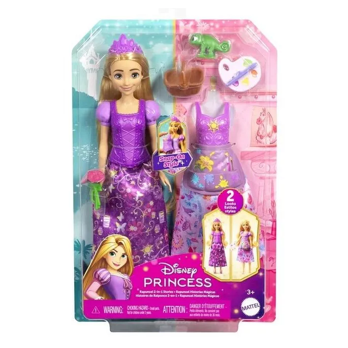 Zbliżenie na ruchomą laleczkę Roszpunki z wymiennymi elementami garderoby