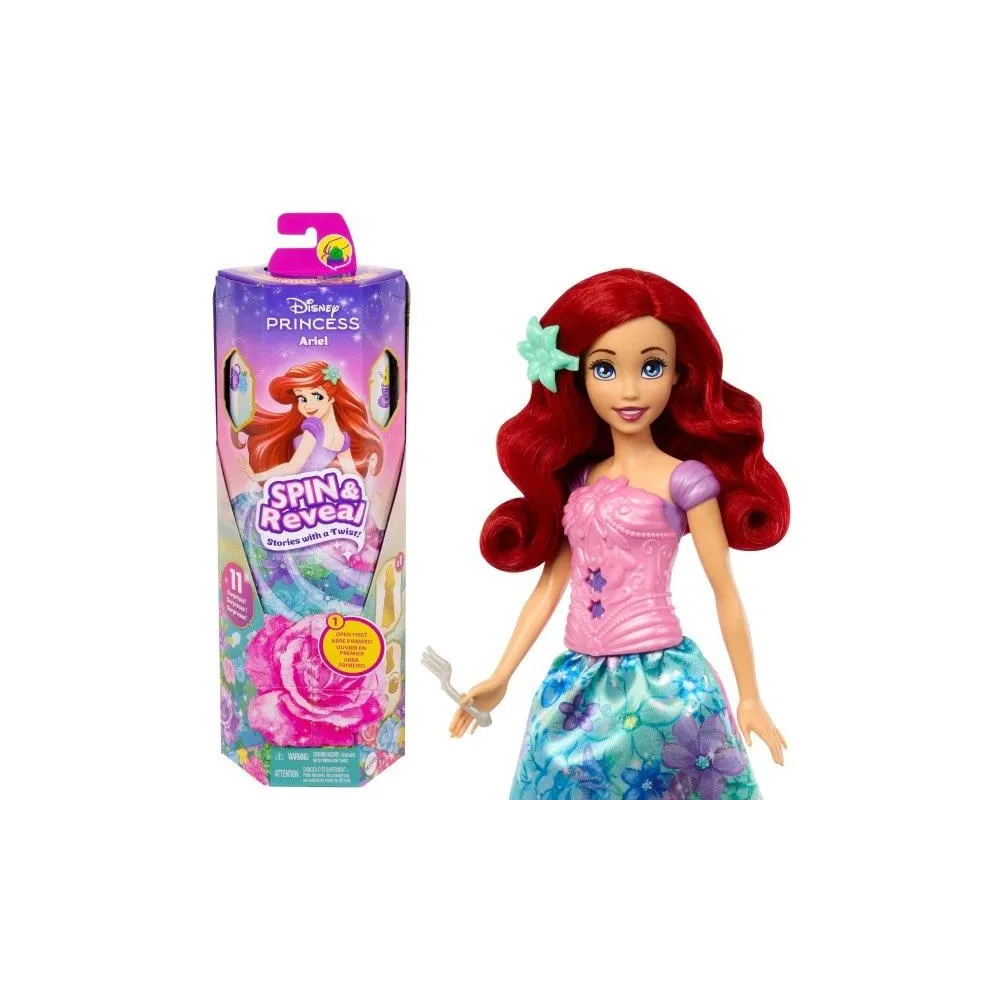 Lalka Arielka z zestawu Disney Princess na tle rozłożonego kwiatowego pudełka