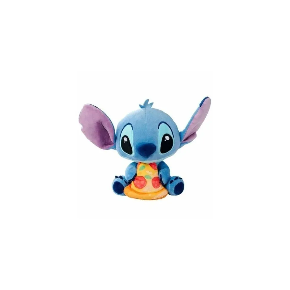 pluszowa maskotka stitch trzymający kawałek pizzy, kolorowa i miękka przytulanka