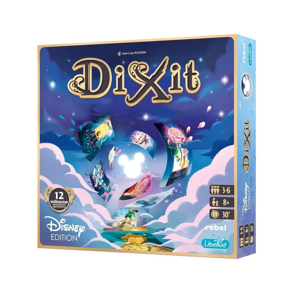 Pudełko gry Dixit Disney REBEL z kolorowymi kartami i planszą na stole