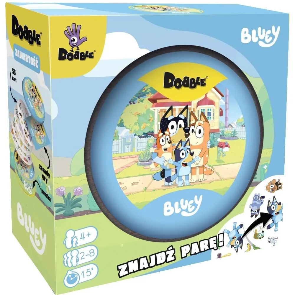 Okrągłe karty z ilustracjami postaci z animacji Bluey rozłożone na stole