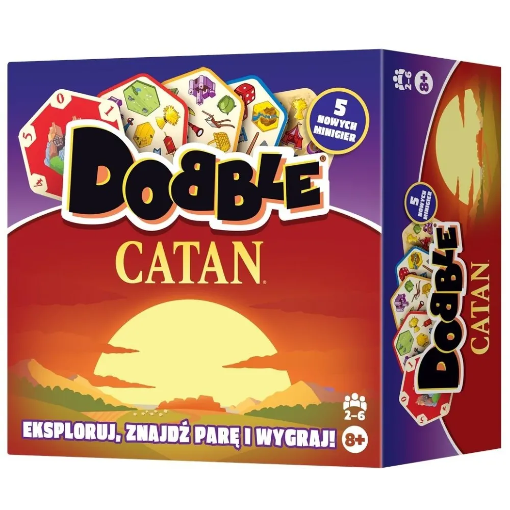 Zestaw sześciokątnych kart Dobble Catan REBEL z motywami wyspy Catan
