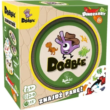 Okrągłe karty gry Dobble Dinozaury REBEL z kolorowymi motywami dinozaurów