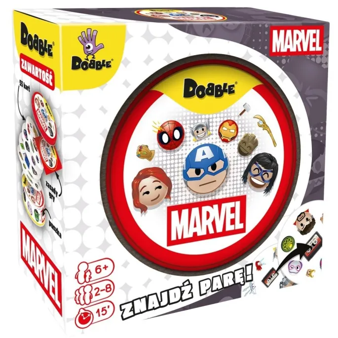 Okrągłe karty gry Dobble Marvel Emoji z motywami superbohaterów Marvela