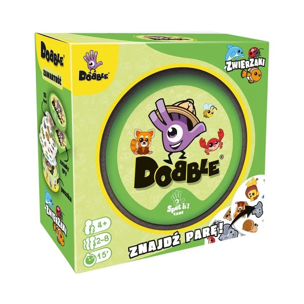 Okładka gry Dobble Zwierzaki REBEL z kolorowymi kartami i metalową puszką