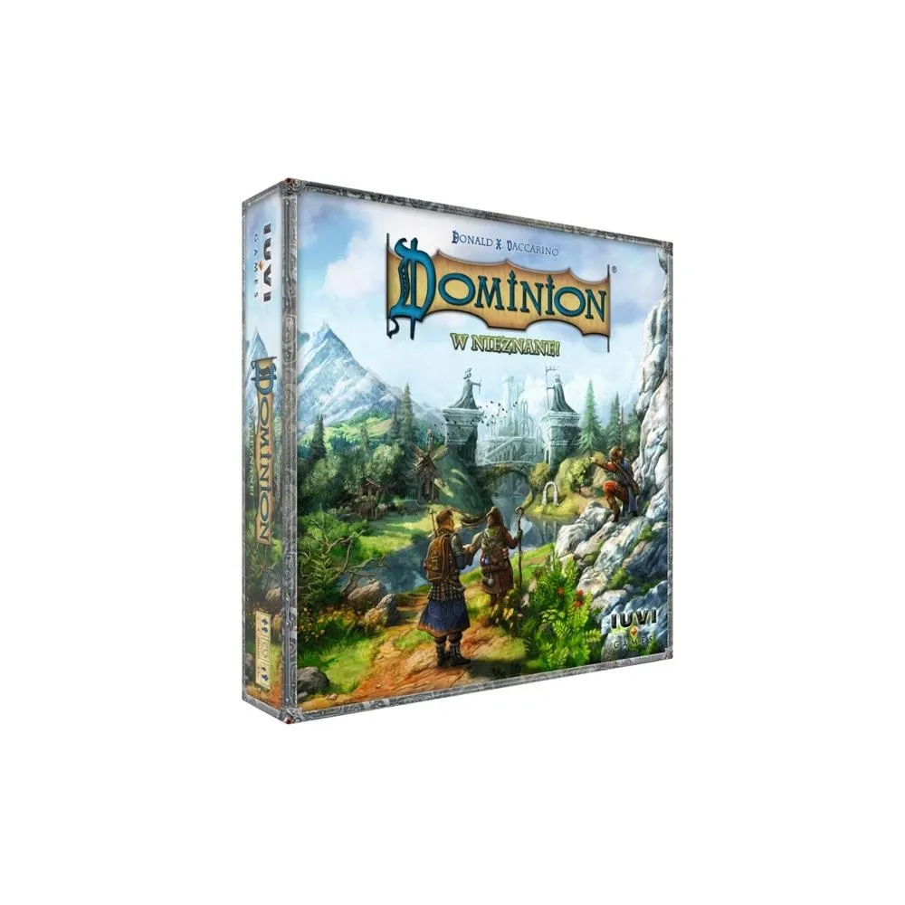 pudełko gry Dominion: W nieznane! z elementami dodatku na tle stołu