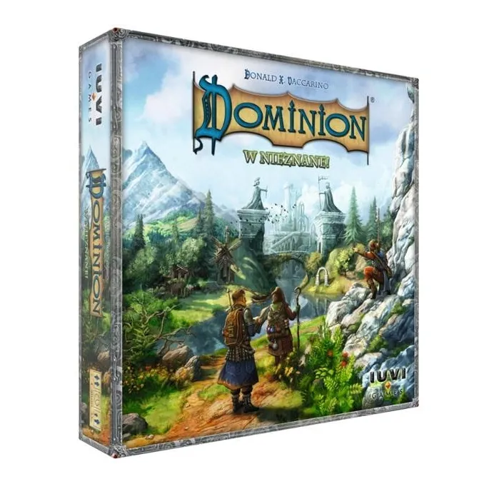 pudełko gry Dominion: W nieznane! z elementami dodatku na tle stołu