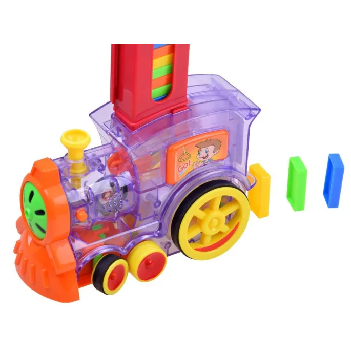 Kolorowa lokomotywa z podajnikiem do automatycznego rozstawiania domina