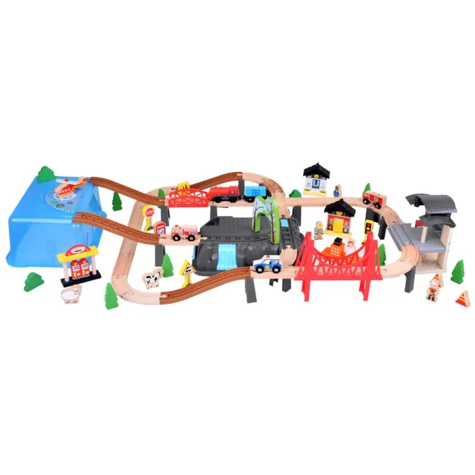 kolorowe drewniane domki i sklepiki budowane z klocków