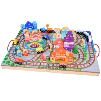 Drewniana Kolejka Zestaw Klocków zbuduj Miasto + Pociąg Walizka 89 ZA5374